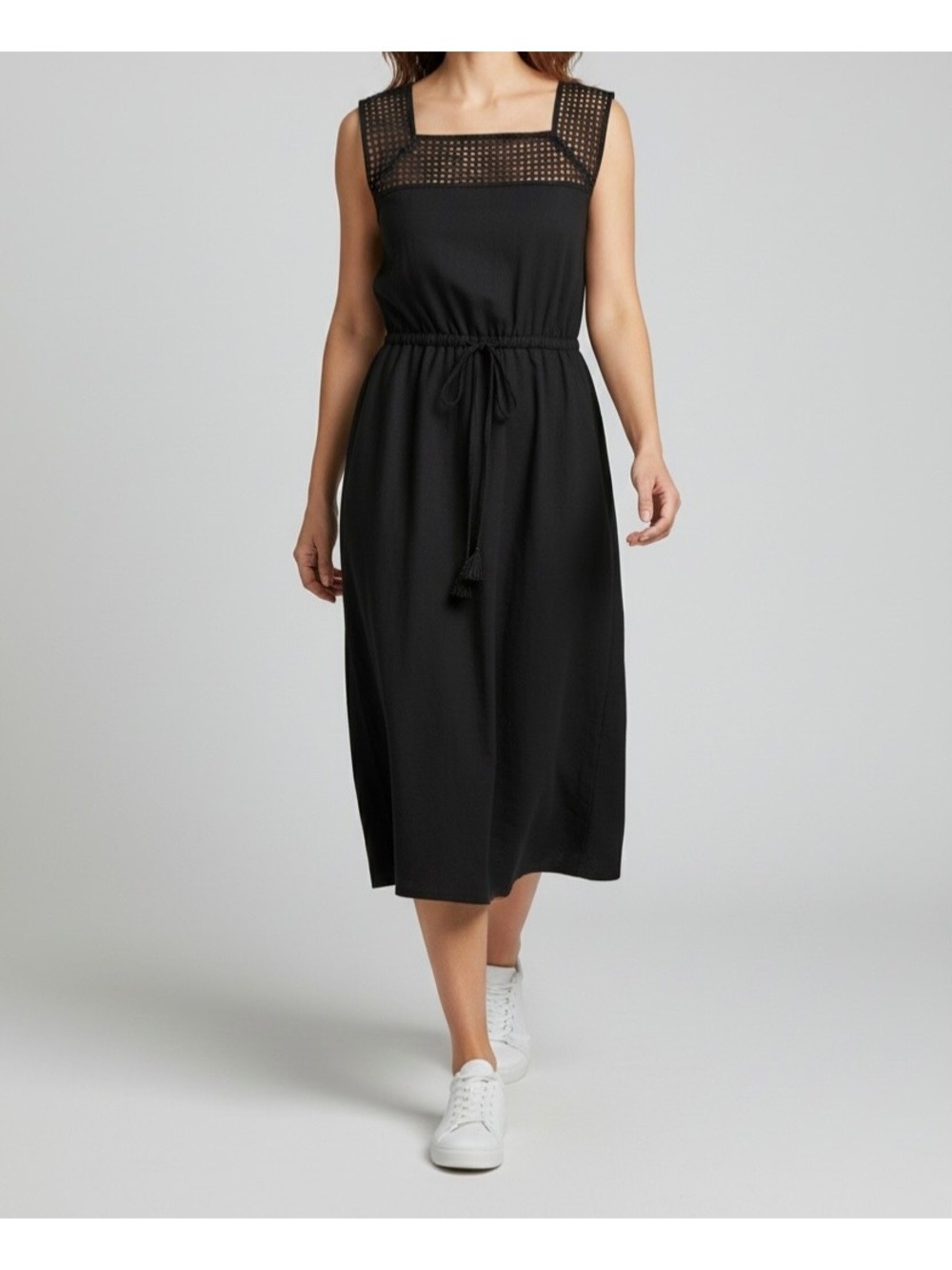 Black Midi Dress Women SZ XS Mesh Yoke Midi Tassel Detail Whimsigoth 2010's NWT